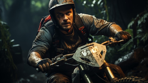Portrait of a handsome motorcyclist in a dark forestgenerative ai