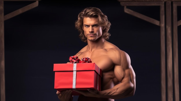 Photo portrait of a handsome muscular man holding a gift box on black background