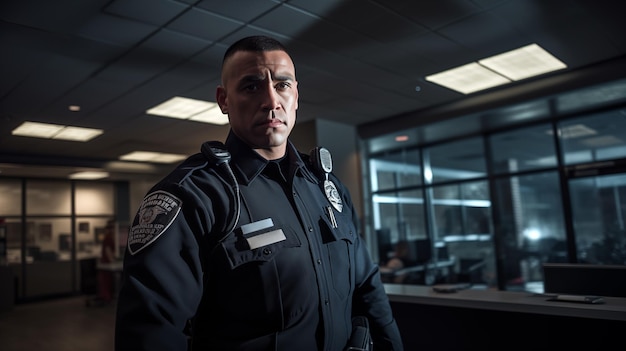 Photo portrait of handsome policeman wearing police uniform standing with serious expression at police station generative ai