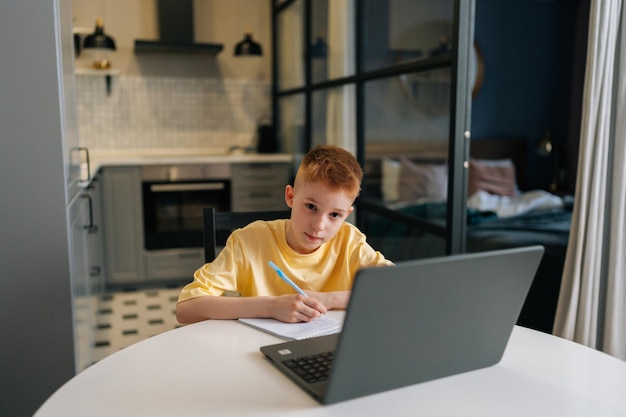 Portrait of handsome redhead pupil boy studying at home writing in exercise book doing homework learning at home table looking at camera