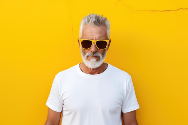 Portrait of a handsome senior man with gray beard and mustache in sunglasses on a yellow background Generative AI