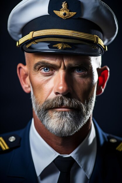 Portrait of a handsome senior pilot in uniform on dark background