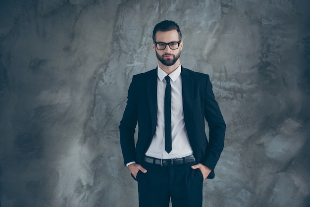 Portrait of handsome serious guy freelancer company owner look ready decide decisions choose choice wear trendy outfit isolated over grey color wall