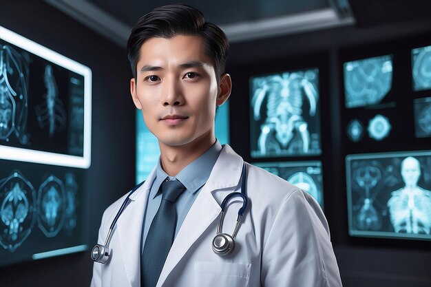 Portrait of handsome smart asian doctor wearing medical coat generative ai