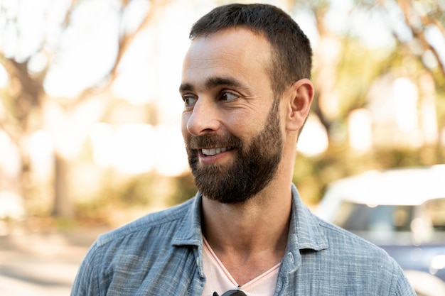 Ritratto di uomo ispanico sorridente bello che distoglie lo sguardo in piedi sulla strada