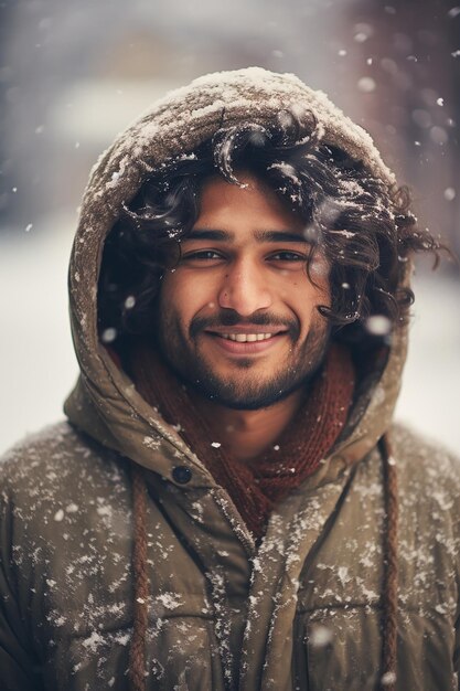 Foto ritratto di un bell'uomo sorridente in piedi sotto la neve