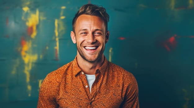 Photo portrait of a handsome smiling man with a fashionable hairstyle on a colored background