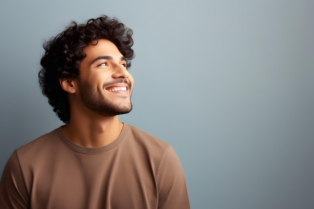 Portrait of handsome smiling young man looking up isolated in transparent PNG Laughing joyful cheer