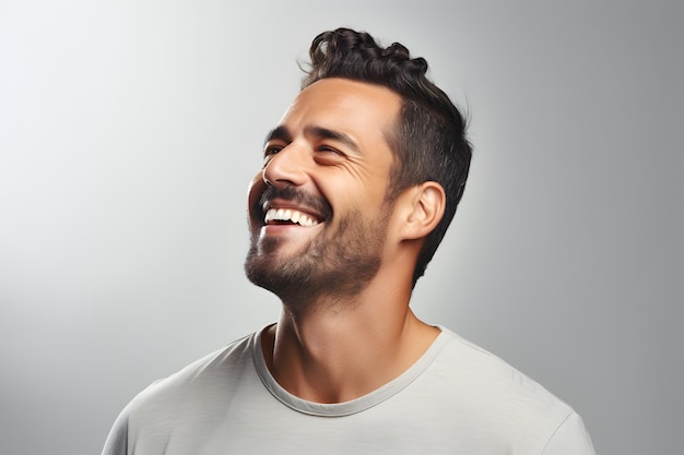 Portrait of handsome smiling young man looking up isolated in transparent PNG Laughing joyful cheer