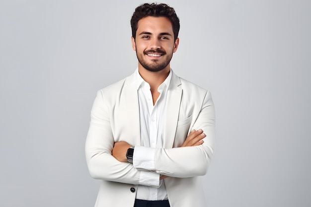 Portrait of handsome smiling young man with folded arms isolated Joyful cheerful casual businessman