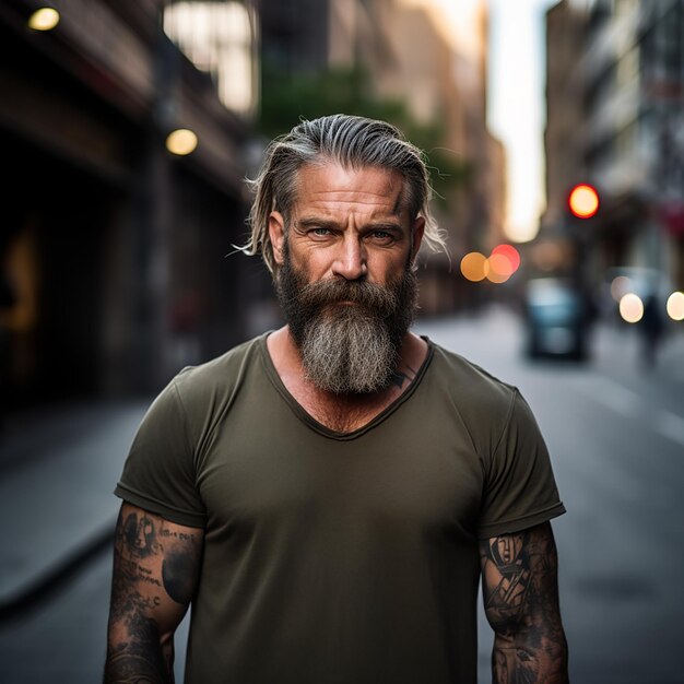 Portrait of handsome stylish hipster model Modern middleaged man dressed in tshirt Fashion thoughtful male posing on the street background