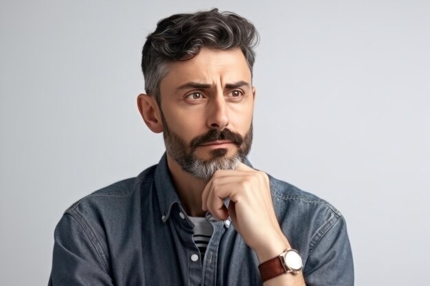 Portrait of handsome and stylish man looking thoughtful at camera making choice thinking at staring