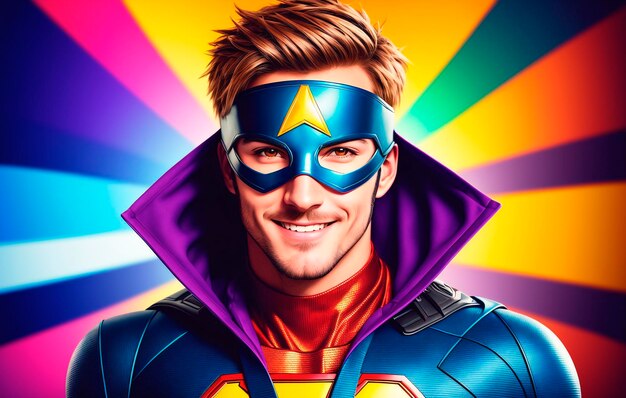 Portrait of a handsome superhero on colorful background