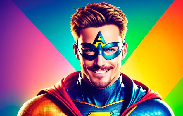 Portrait of a handsome superhero on colorful background