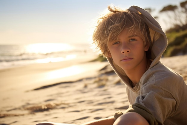 Portrait of handsome teen blond boy with forelock buried himself in the sand on the Generative AI