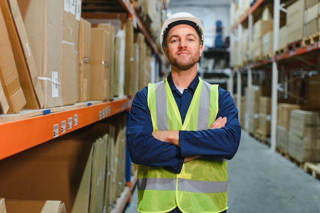 Portrait of a handsome warehouse worker in overalls and a helmet