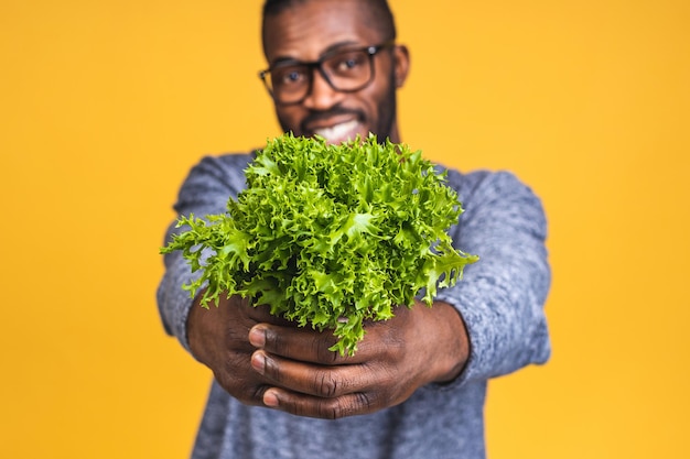 Portrait of handsome young african american black man holding fresh lettuce leaves isolated over yellow background