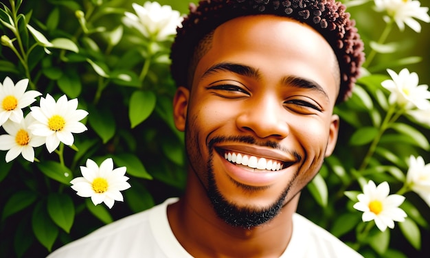 Portrait of a handsome young african american man on a background of flowers