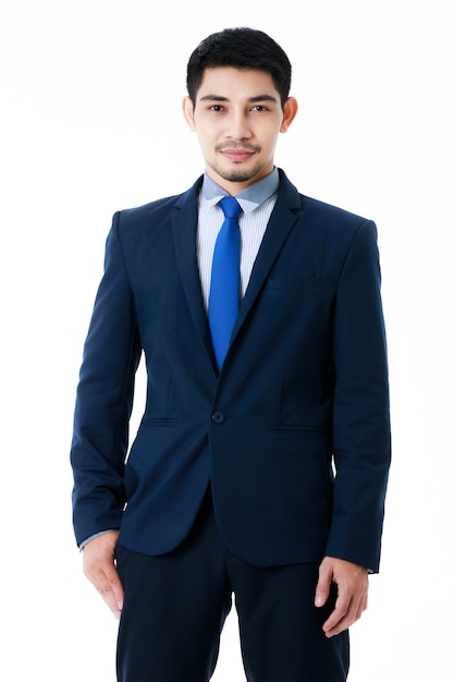 Portrait of handsome young Asian businessman in suit and tie standing on isolated white background with self confident. Studio shot, business and success concept.