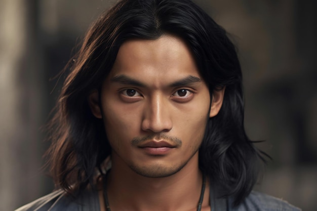 黒髪とひげを持つハンサムな若いアジア人男性の肖像画