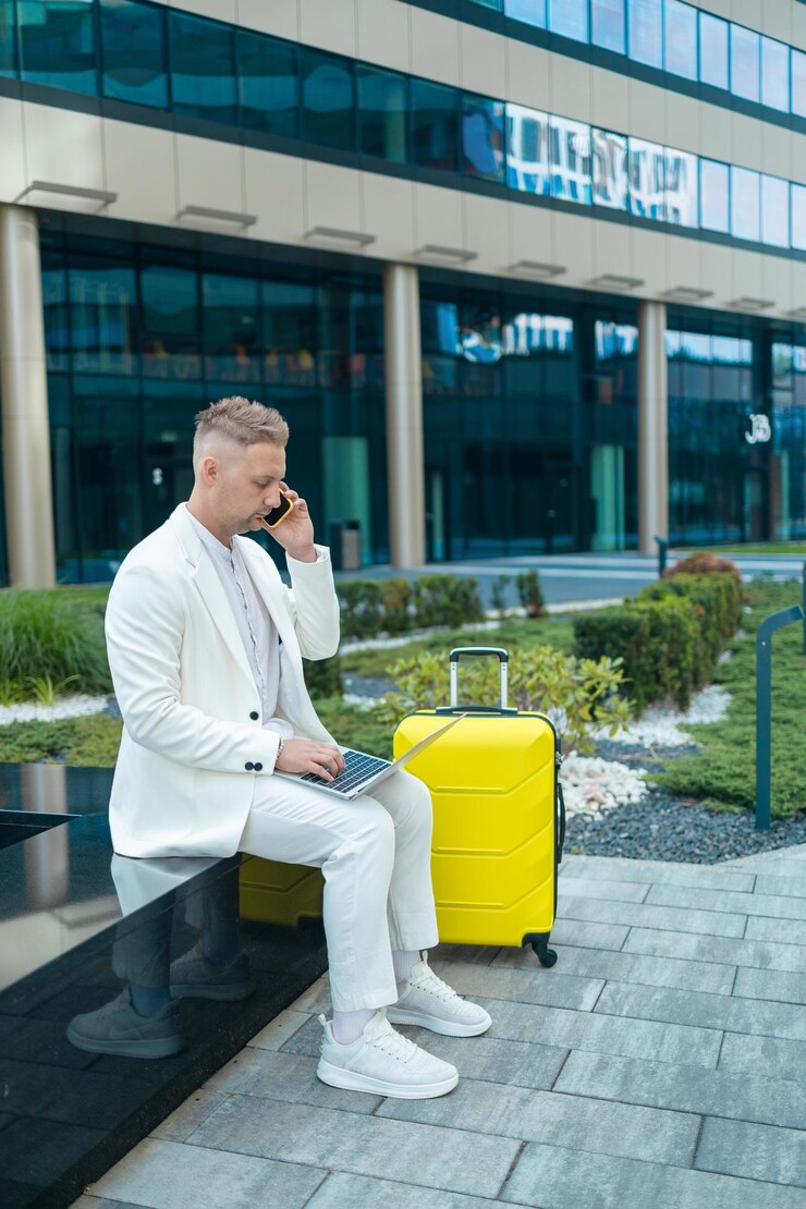 Photo portrait of a handsome young businessman traveling with bag and talking on phone outdoors near a