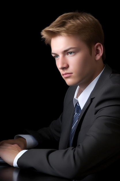 Portrait of a handsome young businessman working on his laptop created with generative ai