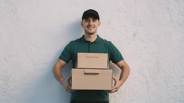 Portrait of handsome young delivery man with paper boxes isolated on white wall