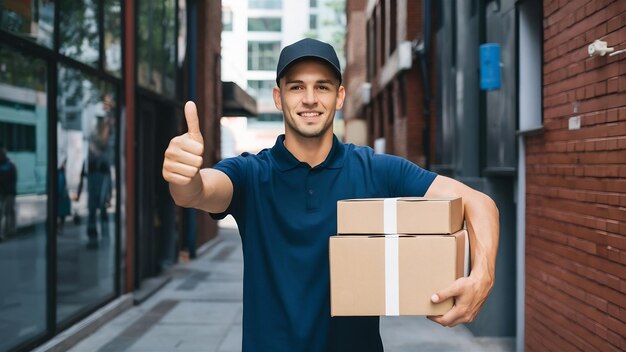 Портрет симпатичного молодого доставщика с бумажными коробками, показывающими знак пальцев вверх, изолированный на whi