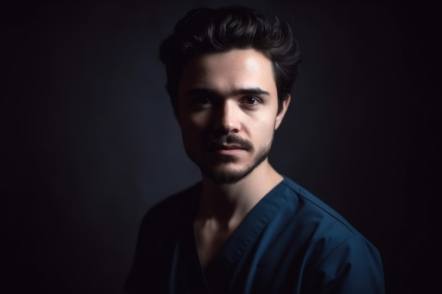 Portrait of a handsome young doctor standing against a dark background created with generative ai