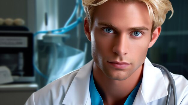 Portrait of a handsome young doctor in uniform with stethoscope