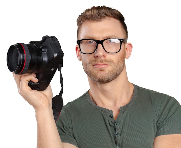 Portrait of a handsome young in glasses man with camera