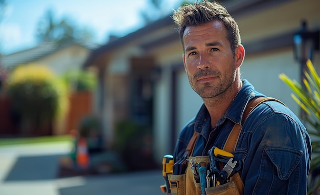 Photo portrait of handsome young handyman standing in front of his home with tools in his hand