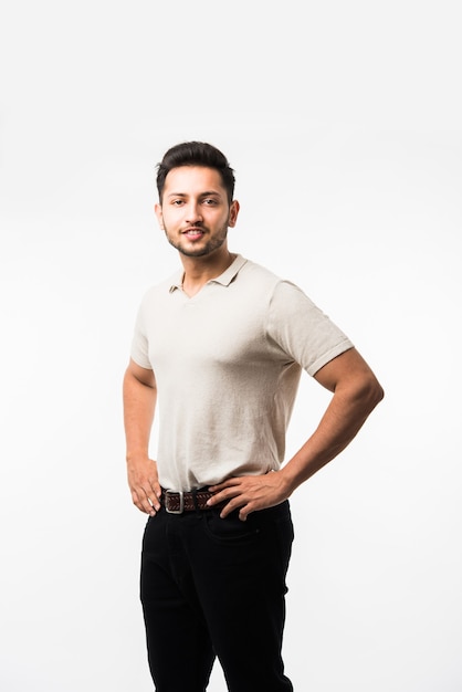 Portrait of handsome young Indian asian man or college student wearing t-shirt