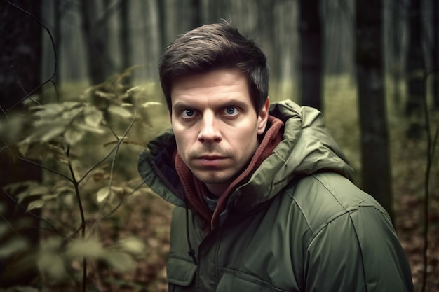 Portrait of a handsome young man in the autumn forest Fashion shot