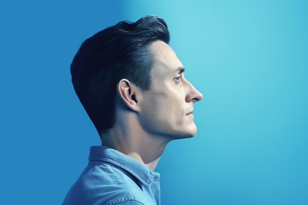 Portrait of a handsome young man in a blue shirt on a blue background