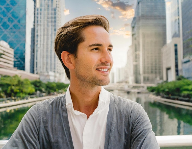 Портрет красивого молодого человека белого цвета на площади башни в офисе, глядя на городской фон