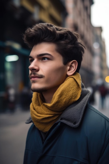 Portrait of a handsome young man in the city created with generative ai