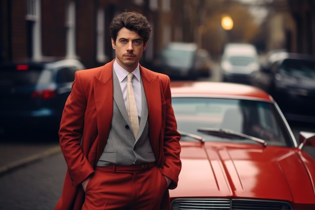 Photo portrait of a handsome young man in an elegant red suit standing on a city street men's beauty fashi