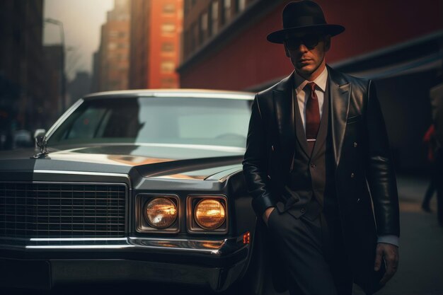 Portrait of a handsome young man in an elegant red suit standing on a city street Men's beauty fashi