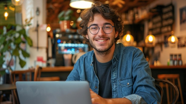 Photo portrait of handsome young man in eyeglasses using laptop while sitting in cafe