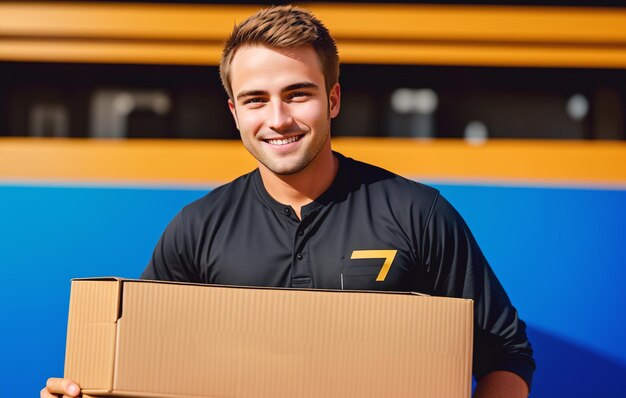 Portrait of a handsome young man holding a box and looking at camera