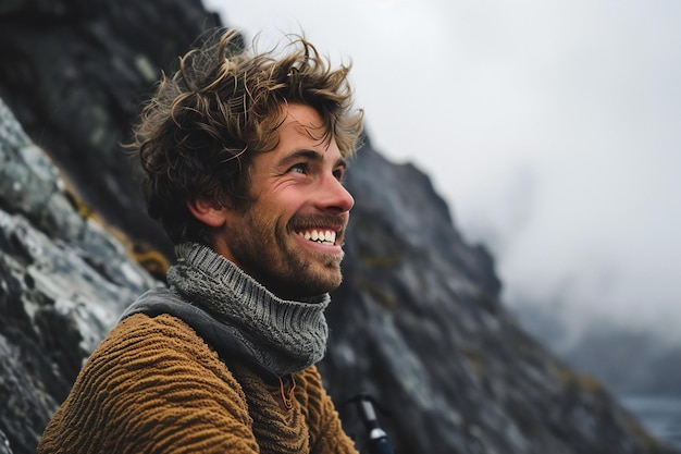 Portrait of a handsome young man in a knitted sweater and scarf on the background of a mountain land