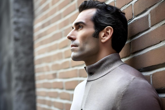 Portrait of a handsome young man leaning against a brick wall