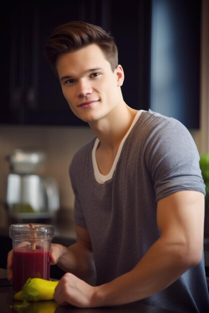 Photo portrait of a handsome young man making smoothies in his kitchen