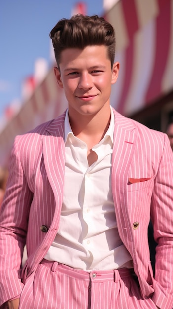Photo portrait of a handsome young man in a pink suit on the street vintage style