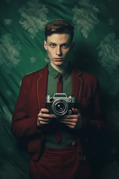 Photo portrait of a handsome young man in a red coat with a retro camera ai generated