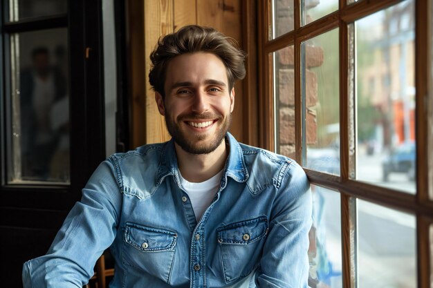 Photo portrait of a handsome young man sitting in a cafe and smiling