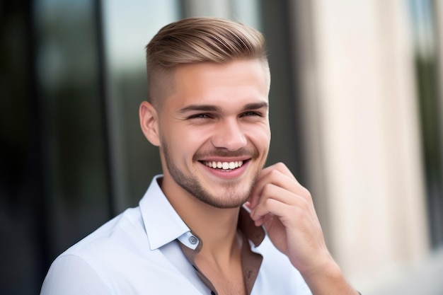 Portrait of a handsome young man smiling while talking on his cellphone created with generative ai