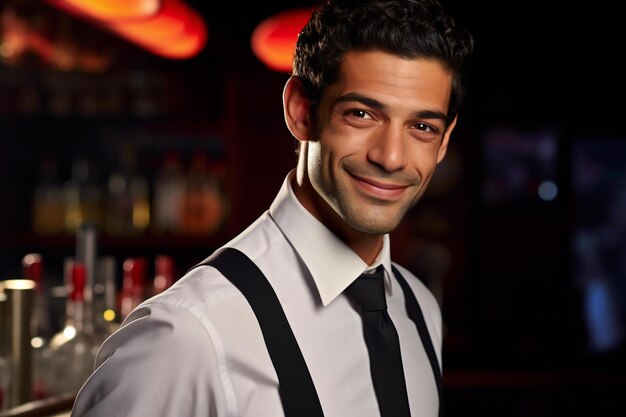 Portrait of a handsome young man standing in a bar smiling