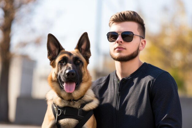 Photo portrait of a handsome young man standing outdoors with his service dog created with generative ai